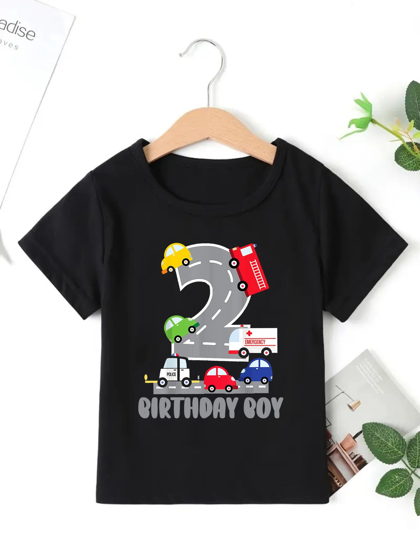 

New 2nd Birthday Boy Fire Truck Police Car Ambulance Printed T Shirt Boys Black Toddler Shirt The Best Birthday Gift T-Shirt