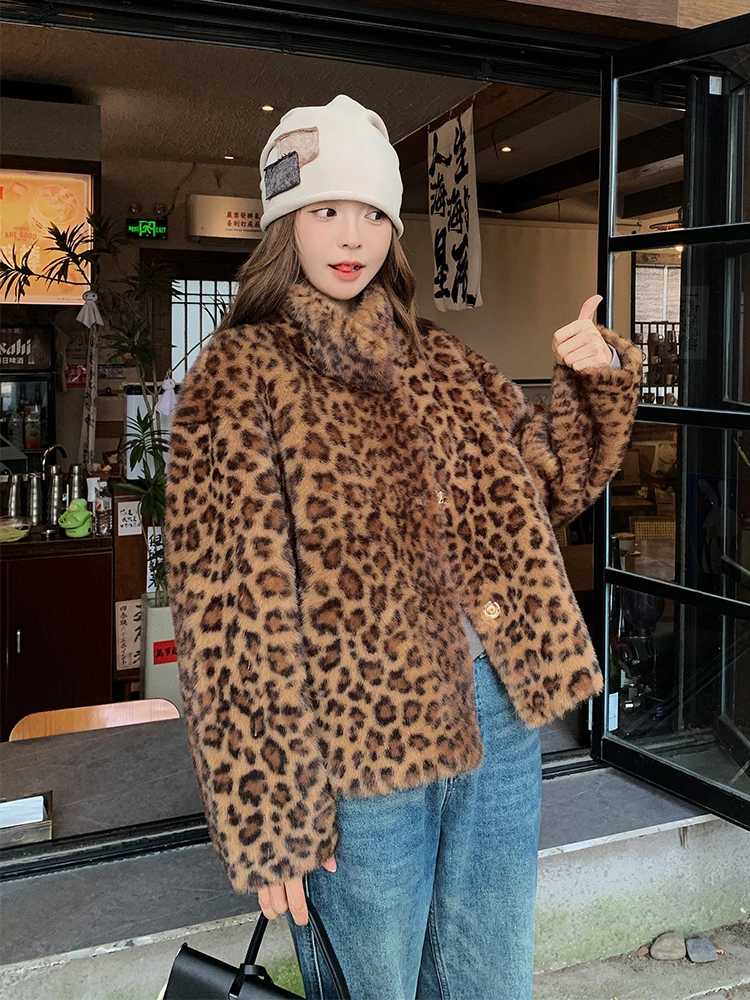 

Женская утепленная плюшевая куртка с леопардовым принтом, винтажная теплая куртка с кроличьим мехом, модное осенне-зимнее новое пальто с лацканами