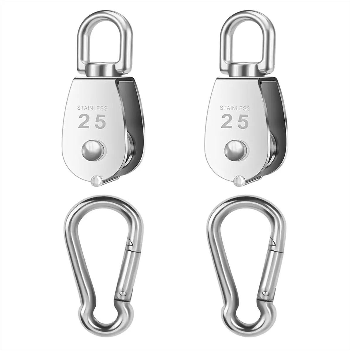ABYA 2 PCS 304 Stainless Steel M25 Silver Single Pulley Block Wire Rope Hanging Wire Towing Wheel with 2 PCS Spring Snap Hook