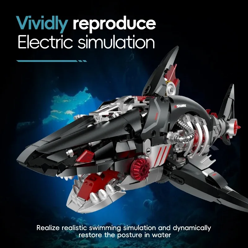 1100Pcs Mechanical Cyber Shark Building Blocks With Light Spray Electric Motor Mechanical Sea Monster Bricks Toy For Boy Gift