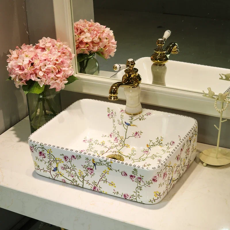 

YYHC-Europe Vintage Style Ceramic Washing Basin Bathroom Counter top ceramic wash basin rectangular flower bird Bathroom Sink