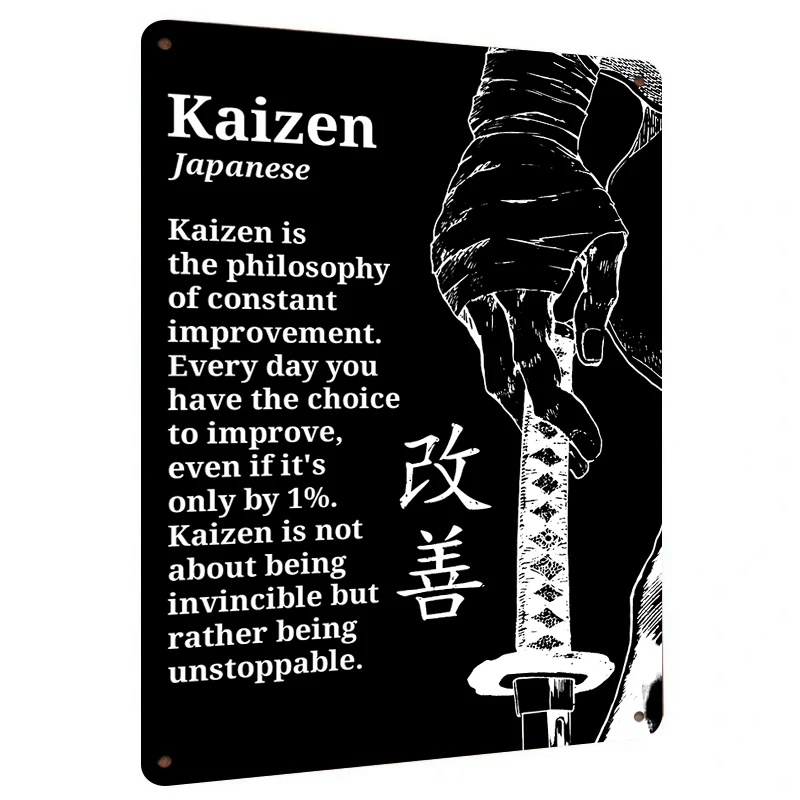 Kaizen Philosophy Metal Wall Art Japanese Samurai Sword Decor for Office Home Constant Improvement Inspirational Poster