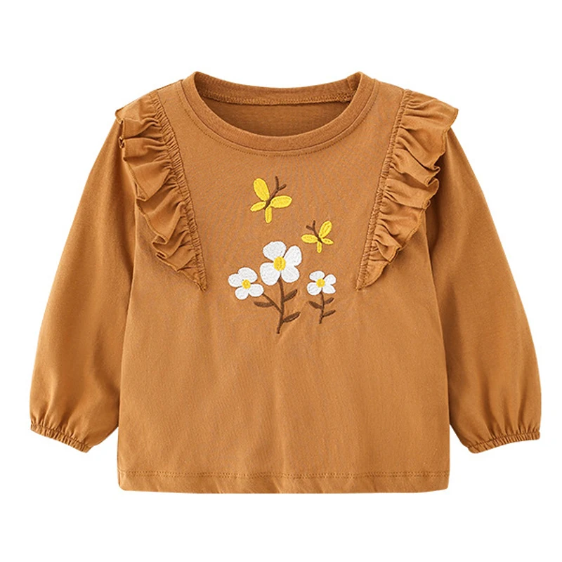 T-shirt a maniche lunghe per neonate Little maven autunno marrone fiore e farfalla bambini nuovi top di moda adorabili per i bambini