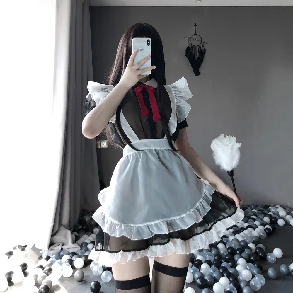 Traje de sirvienta Lolita, uniforme, lencería Sexy para mujer, vestido de sirvienta transparente, delantal francés con bragas, conjunto de disfraz de Cosplay