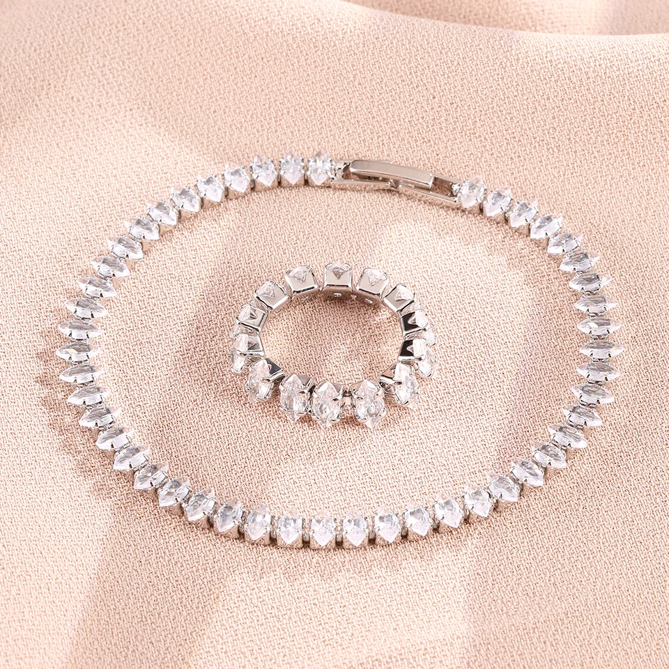 Klassisches eingelegtes Zirkon-Ring-Armband-Set mit Pferdeaugenform für Damen, Schmuck, Geschenke, Hochzeitsset
