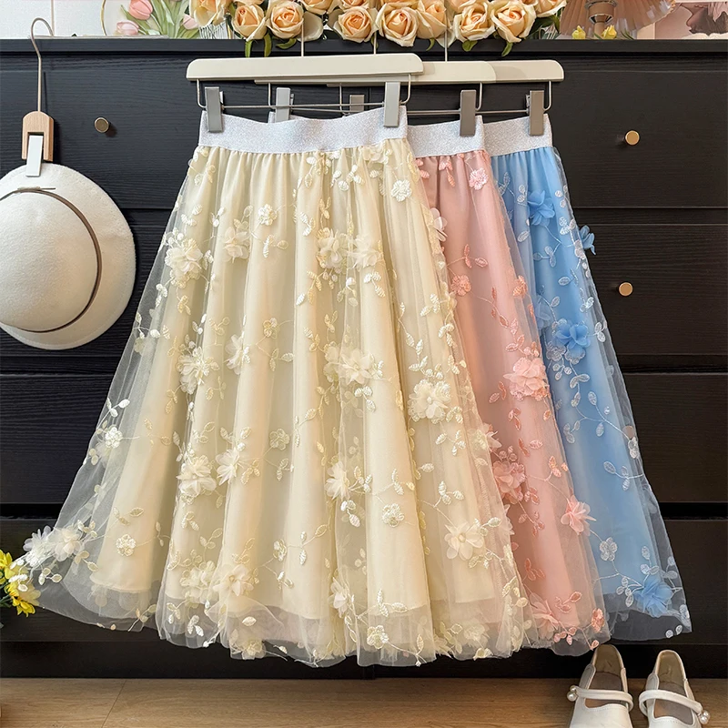 

Korean style Floral Spliced Mesh Skirt Women Casual Elastic High Waist A-line Skirts Fashion Spring Autumn New Skirt