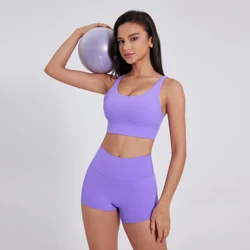 Solid color New 2 piece Sportswear Yoga Shorts Breathable Fitness Suit Cross Straps Bra High Waist Shorts Cycling Running Set