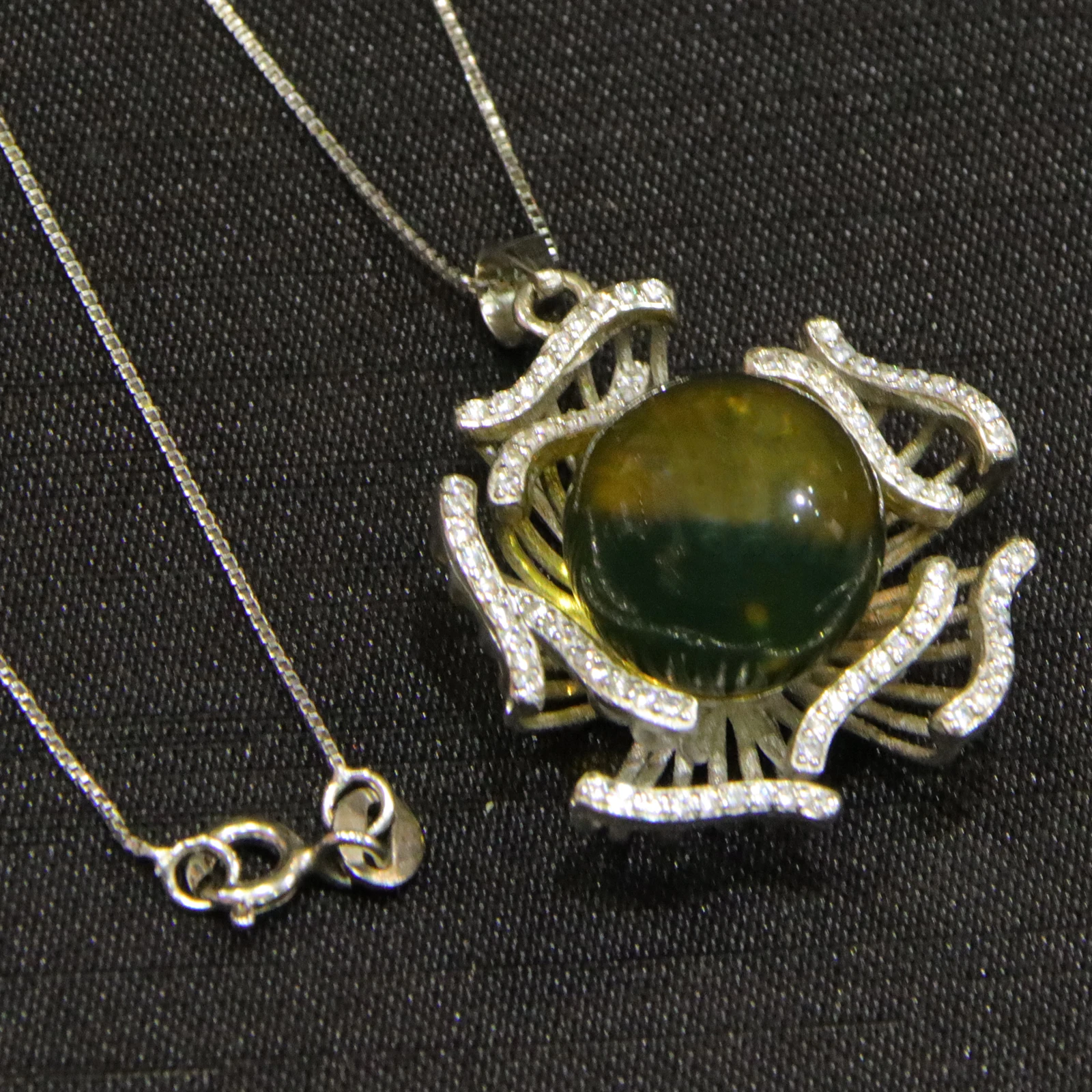 Natural Mexican Blue Amber Pendant Sterling Silver Flower Petal Design 13mm Round Bead Necklace Jewelry Gift for Women