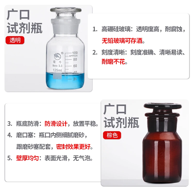 

Amber Reagent Bottle High Borosilicate Glass Lead-free with Ground-in Stopper for Lab Use