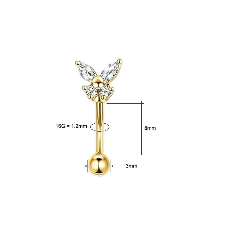 Gold Rook Piercing Jewelry 14K Solid Gold Butterfly Eyebrow Stud Helix Earring Rook Earrings 16G Daith Curved Barbell view 6