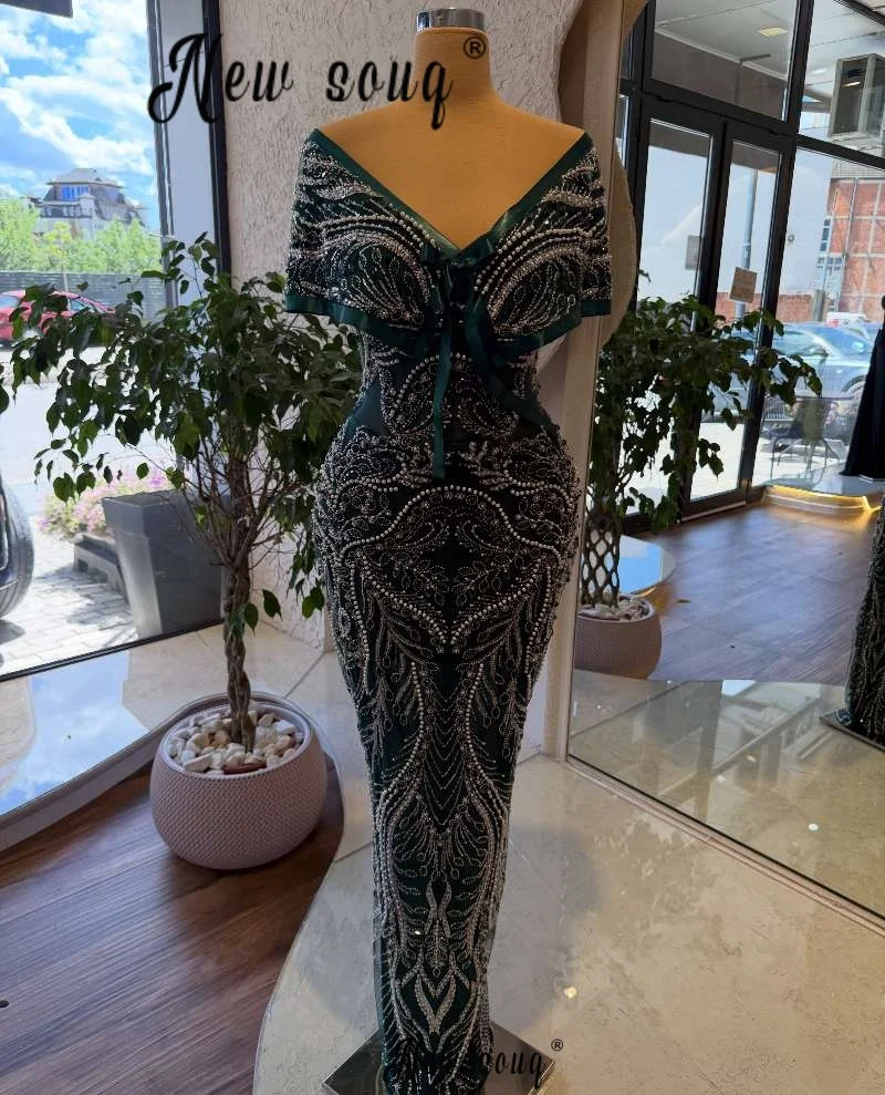 2026 Emerald Green Women Occasion Party Dress Haute Couture Sheath Dresses Customized Arabic V Neck Beaded Applique Evening Gown view 2