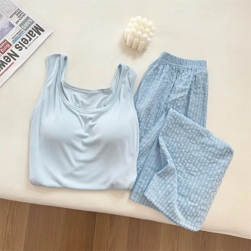 

Summer New Chest Pad Camisole Vest Pajamas Set for Girls Students Pajamas Summer Loose Tops Trousers Clouds Cotton Homewear Set