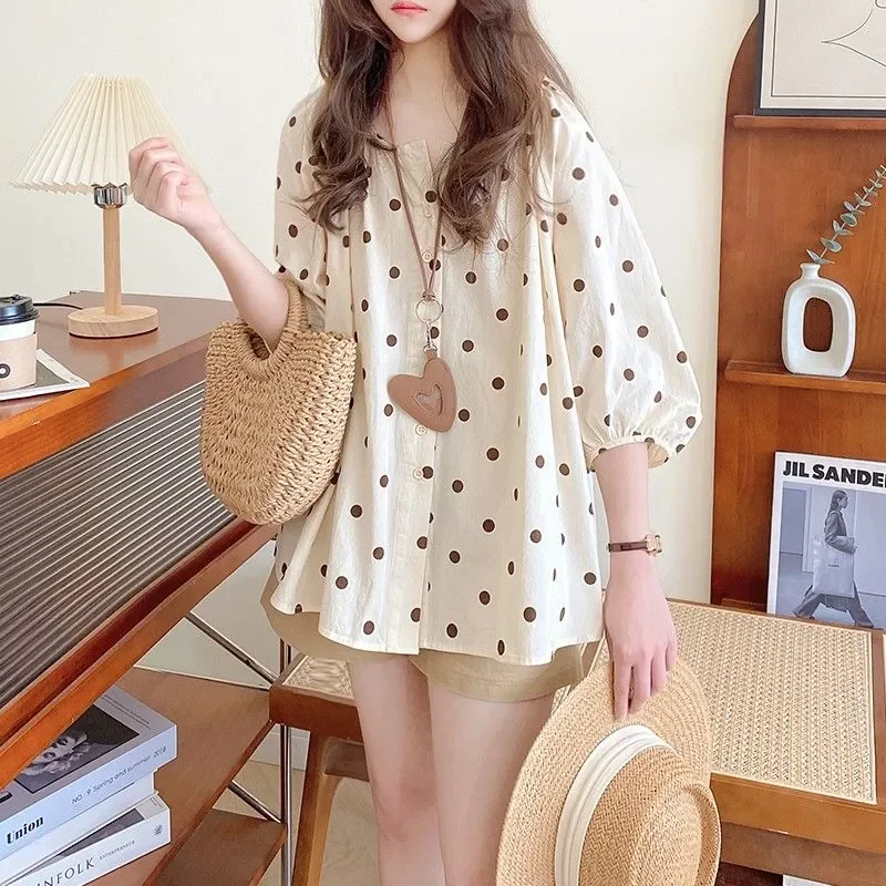 

Women's Beige Polka Dot Puff Sleeve V Neck Button Down Loose Fit Casual Blouse Top