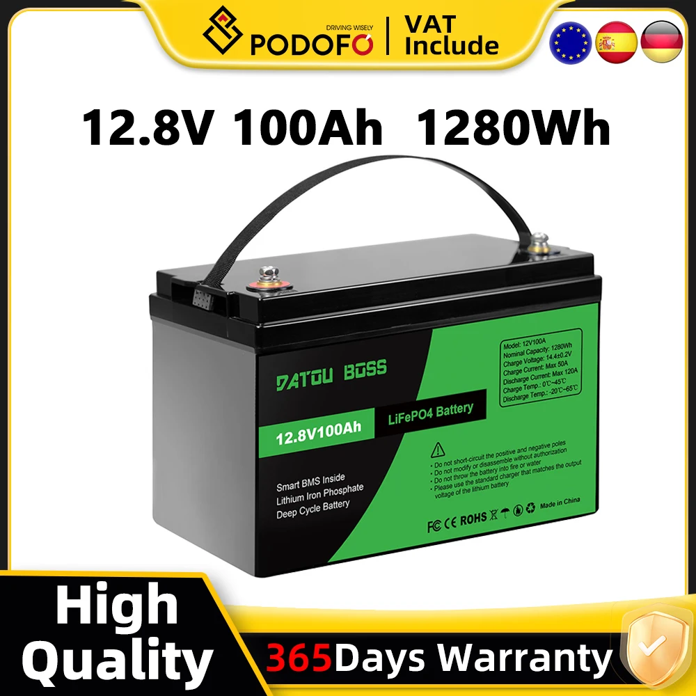 Batterie au lithium LiFePO4 Podofo 12,8 V 100 Ah à décharge profonde rechargeable avec BMS intégré pour applications solaires, VR, marine et voiturettes de golf