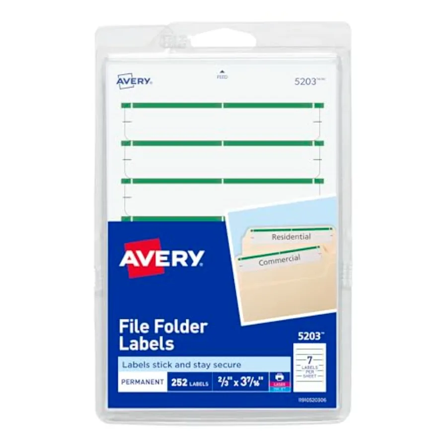 

File Folder Labels on 4 x 6 Sheets Easy Peel White Green Print or Write 2/3 x 3-7/16 252 Labels 5203