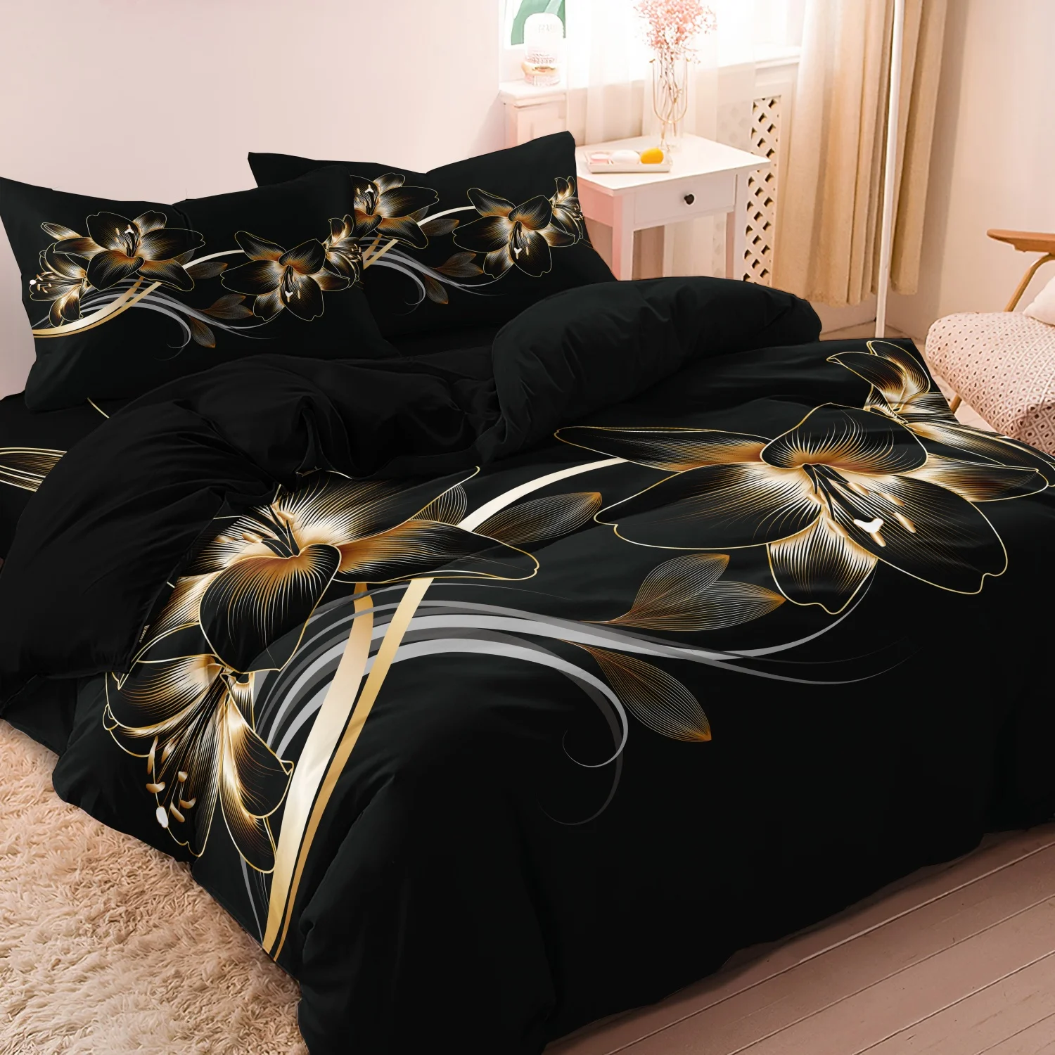 Aesthetic Floral Duvet Cover - 3-delige zwart-gouden bloemenprint dekbedovertrekset, gouden bloemen