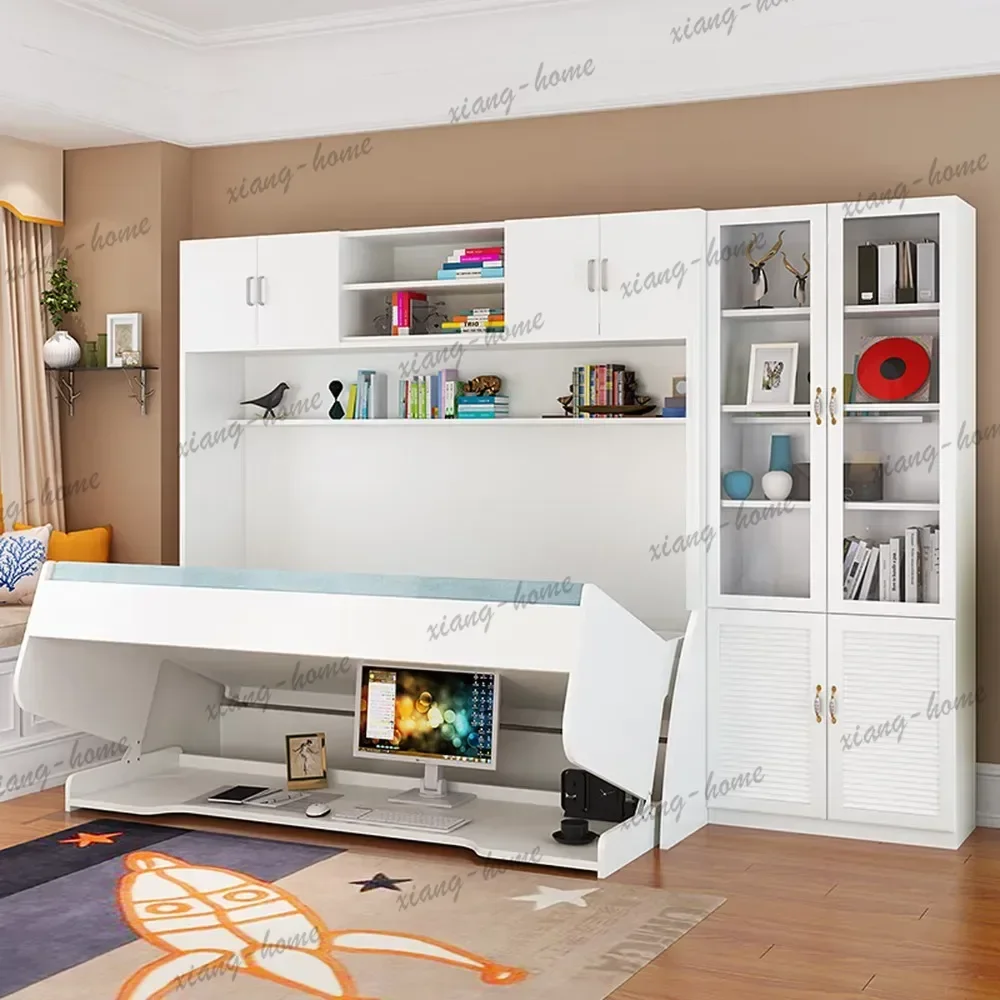 Assembled 1.2m Murphy Bed with Desk and Mattress Complete Piano Folding Wall Bed Kit with Top Cabinet Space Saving Single Frame