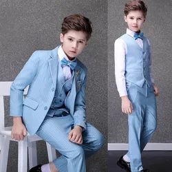 Children Luxurious Light Blue Photograph Suit Flower Boys Jacket Vest Pants Bowtie 4PCS Wedding Dress Teen Kids Tuxedo Costume