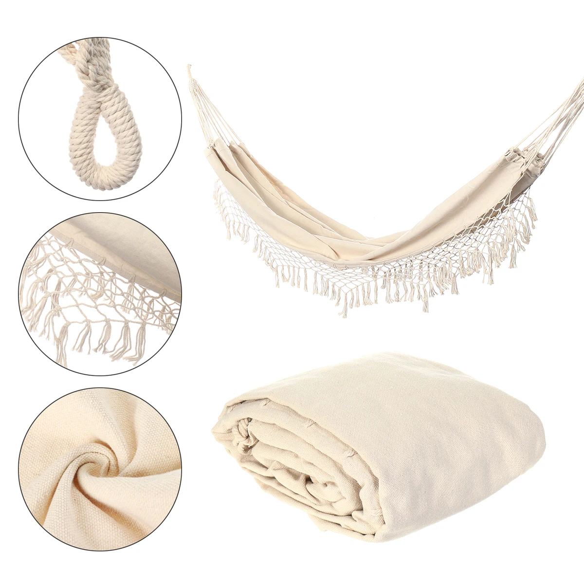 Macrame Fringe Double Hammock Chair - Large Outdoor Indoor Hanging Swing with Breathable Net