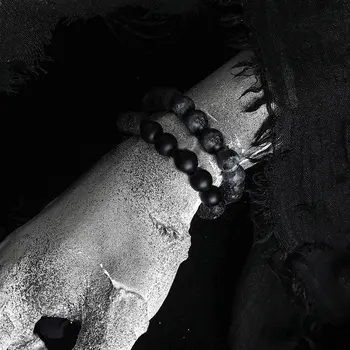 暗黑系列復古黑色天然拉長石月光石珠手鍊 男士火山瑪瑙石彈性手工飾品 女士 6 最佳銷售 黑月光石 - №2