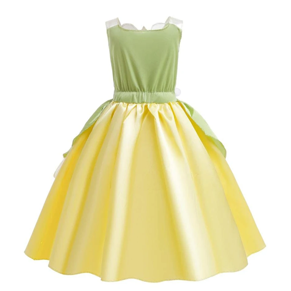 Princess Tiana Dress Girls Disney The Princess And The Frog Cartoon Cosplay Costume Halloween Party Costume Kid Green Fairy Sets