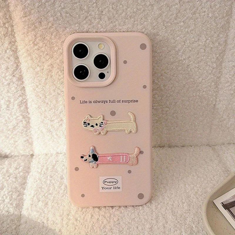 Cartoon Stereoskopische Stickerei Dackel Hund Katze Handyhülle für iPhone 18 17 16 15 14 13 12 11 Pro Max Plus Silikonhülle – Detail 1