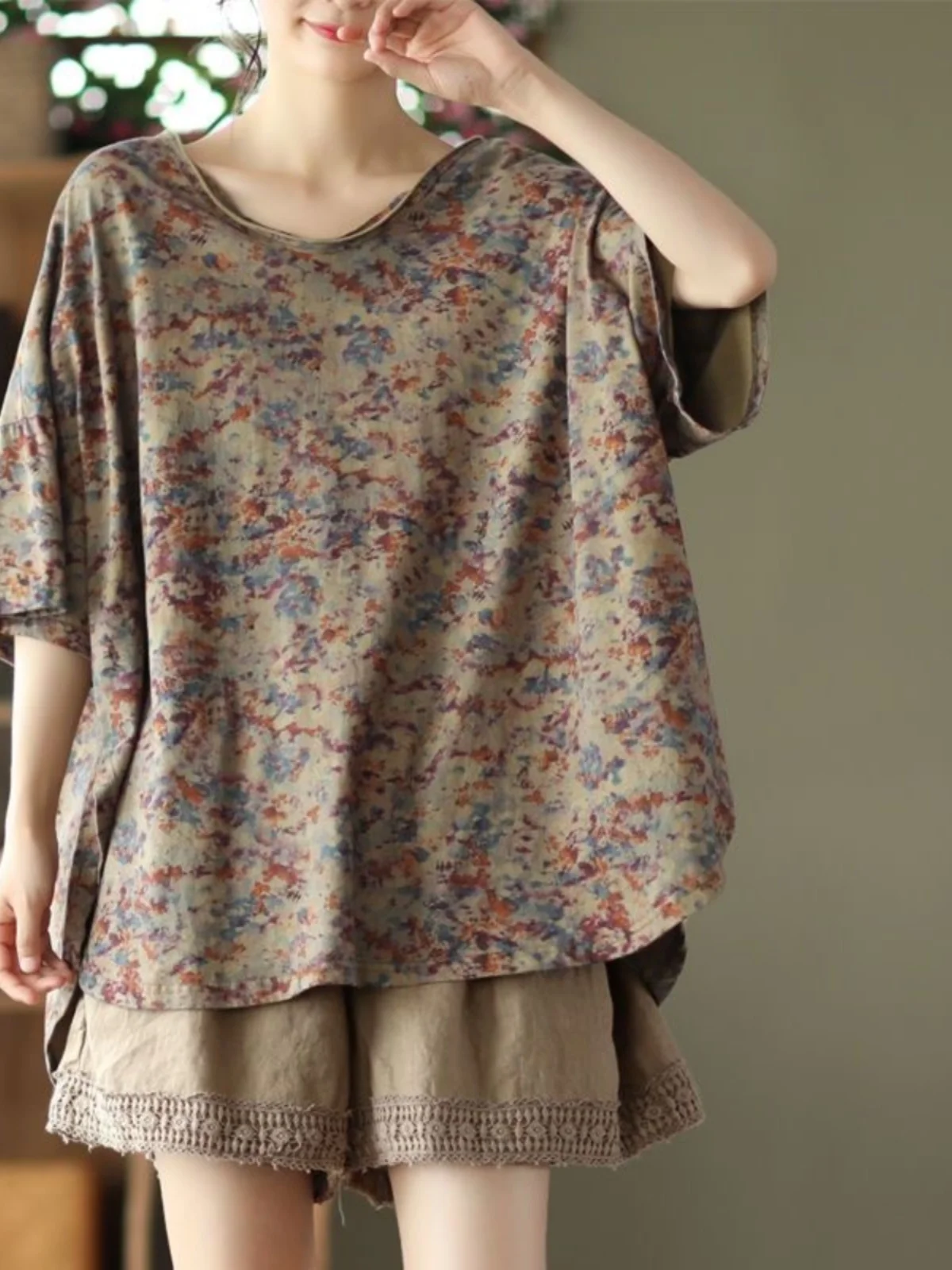 Été Vintage imprimé v-ne ort Sve T-shirt décontracté orts deux pièces ensemble Ele confortable trajet Sle coupe ample