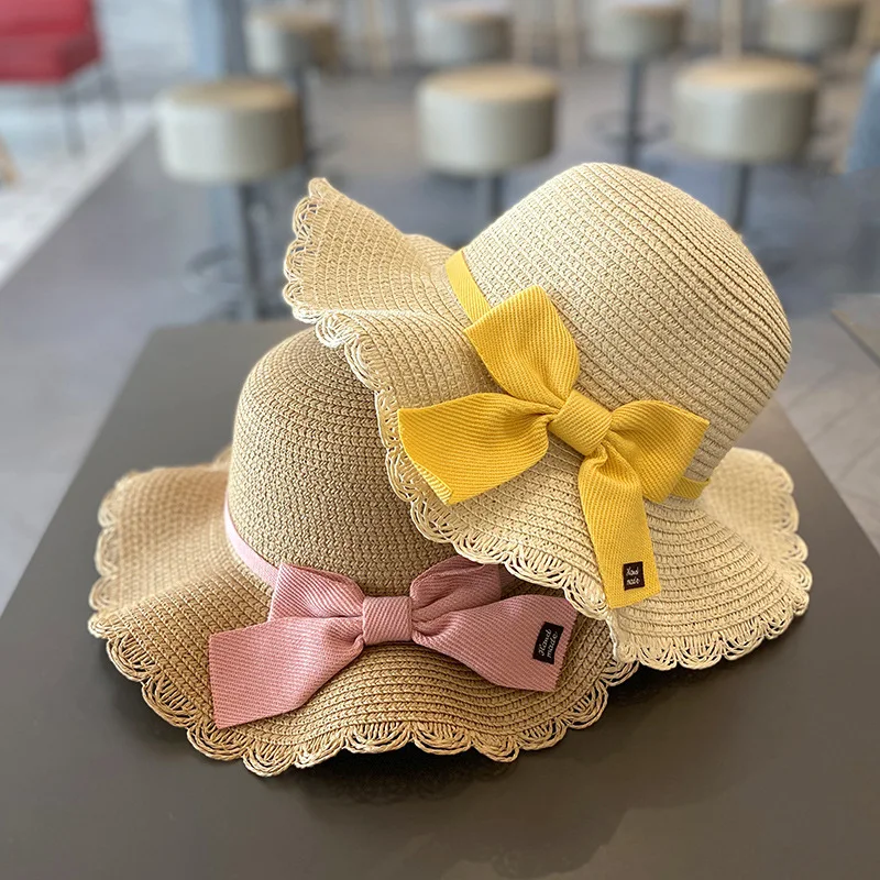 Summer Girls Beach Sun Hats Lotus Leaf Brim Cute Bowknot Outdoor Sun Protection Children Straw Cap Kids Girl Bag