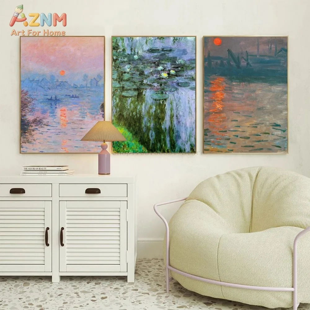 AZNM Claude Monet Impressionist Canvas Wall Art, Water Lilies Sunrise Haystack Field Print Poster, Unframed Single Piece Famous