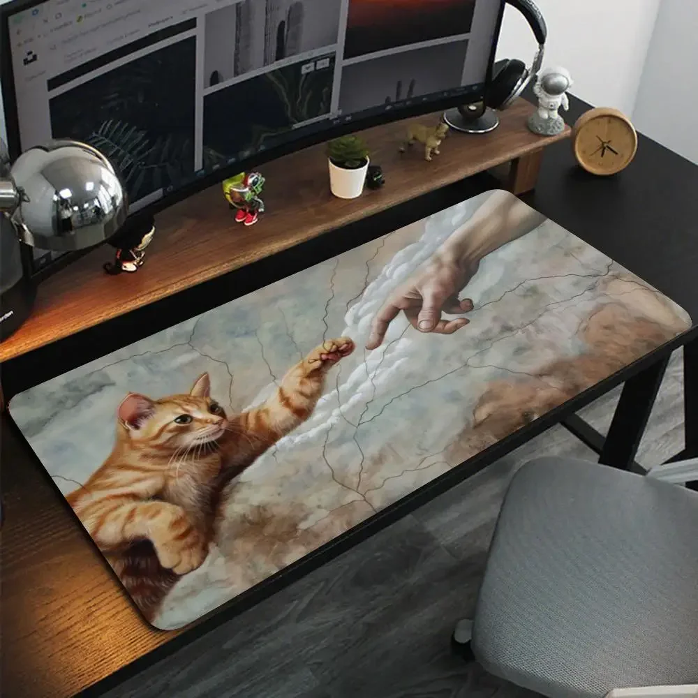 Cute Orange Cat Creation Of Adam Art Mouse Pad, Funny Vintage Painting Non‑Slip Rubber Desk Mat for Gaming Home Office