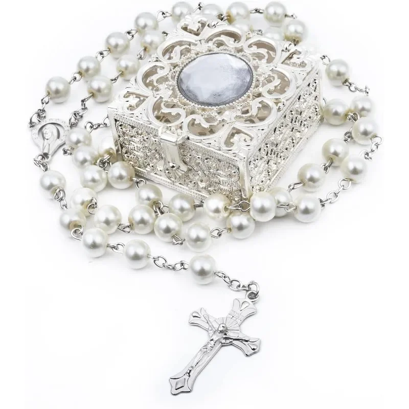 New for Girls Rosary Necklace Rosary Beads Rosary Beads Catholic for Pack in Holy Cup Metal Gift Box First Communion Rosary