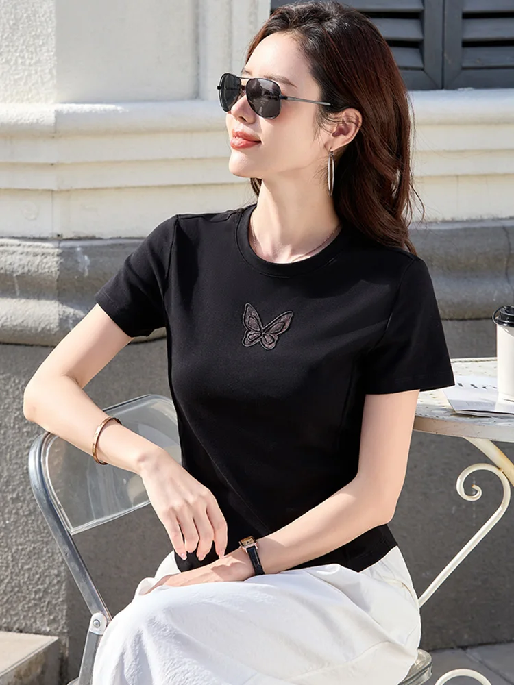 New Women Summer Sweet T-shirt Fashion Butterfly Embroidery O-Neck Short Sleeve Slim T-shirt Casual Solid Color Short T-shirt