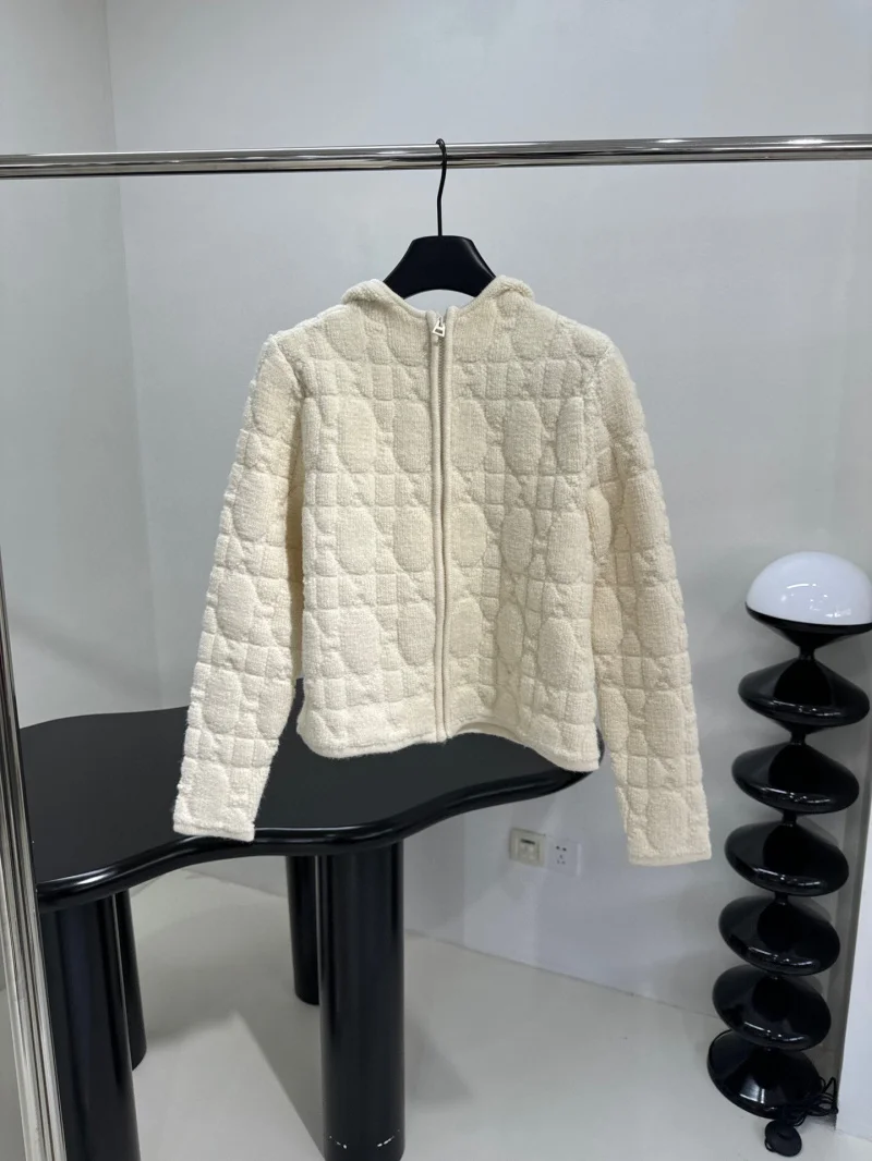 2024 Autumn New Women\'s Jacket Fashion Ivory White High end Customized Women\'s Zipper Hooded Diamond Grid Sweater Cardigan