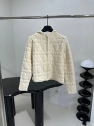 2024 Autumn New Women's Jacket Fashion Ivory White High end Customized Women's Zipper Hooded Diamond Grid Sweater Cardigan