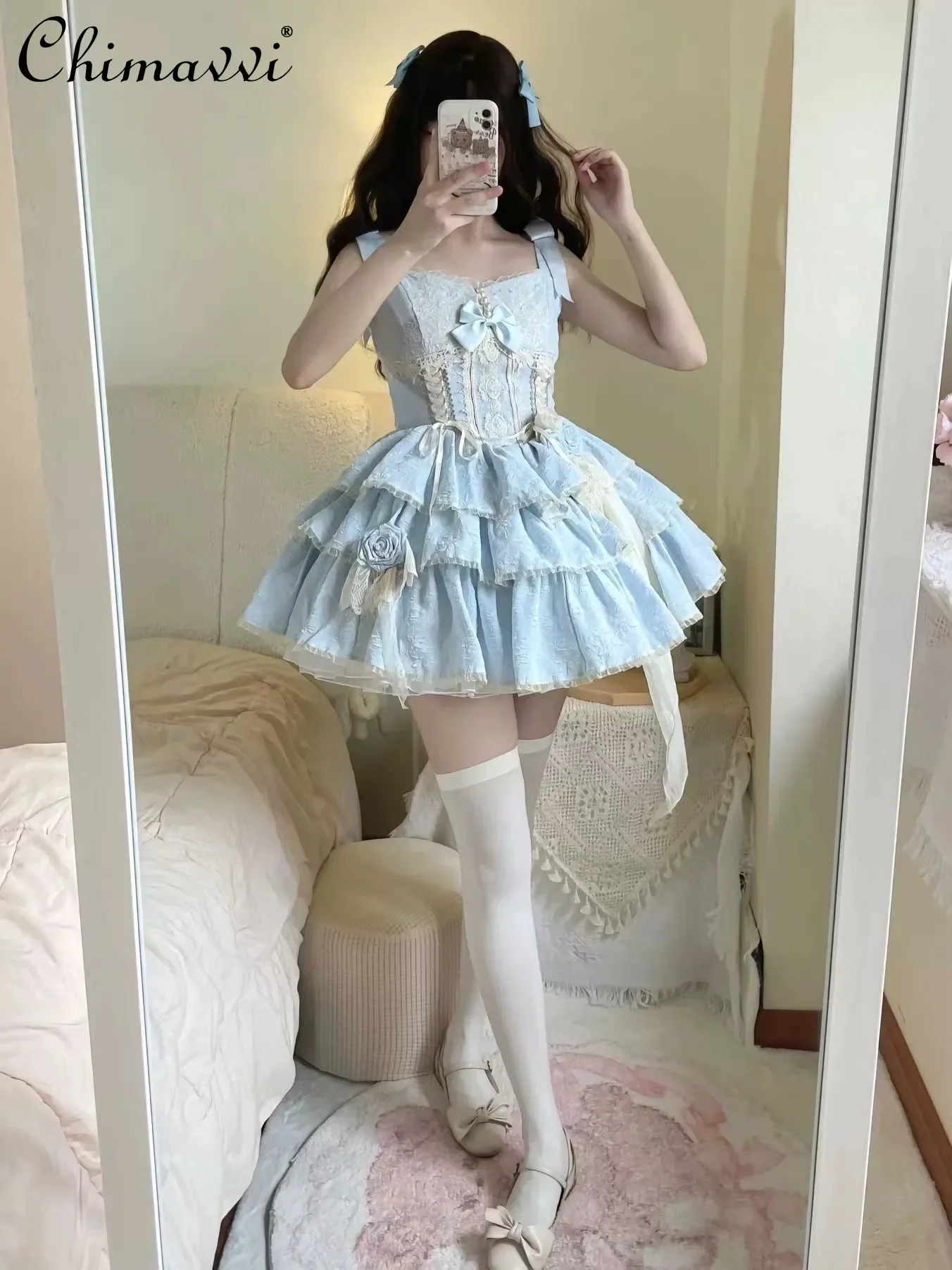 

Pink Lolita Jsk Sling Dress Women's New 2024 Summer Sweet Girl's Ballet Three-Section Pettiskirt Princess Above Knee Lo Dresses