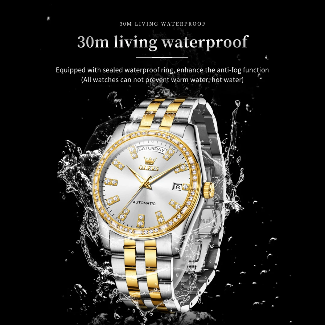 OLEVS 9802 Mechanical Fashion Watch Gift Stainless Steel Watchband Round-dial Wristwatch Week Display Calendar Luminous