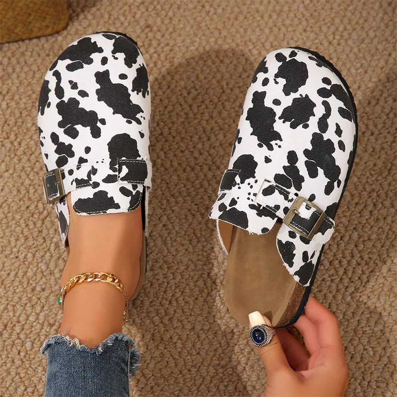 Flats Mules Women Shoes Cow Print Slippers Summer Comfort Walking Sandals New Outdoor Dress Slides Slingback Home Shoes Woman