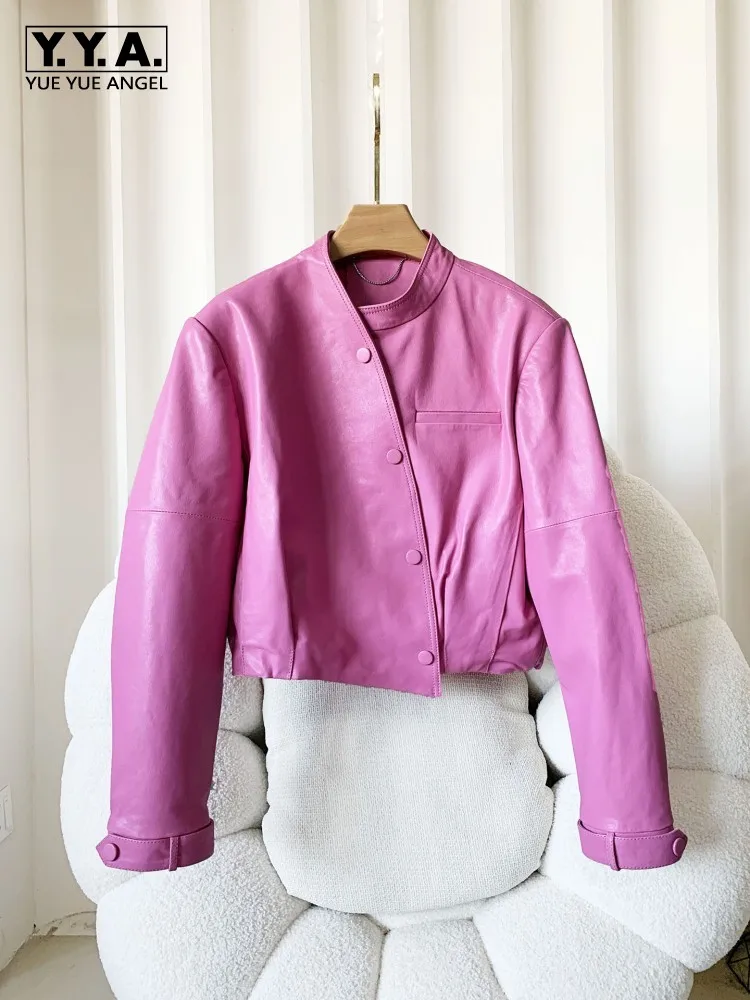 

New Women Genuine Leather Jacket V Neck Single Breasted Sheepskin Short Coat Spring Streetwear Female Motorcycle Jackets Tops