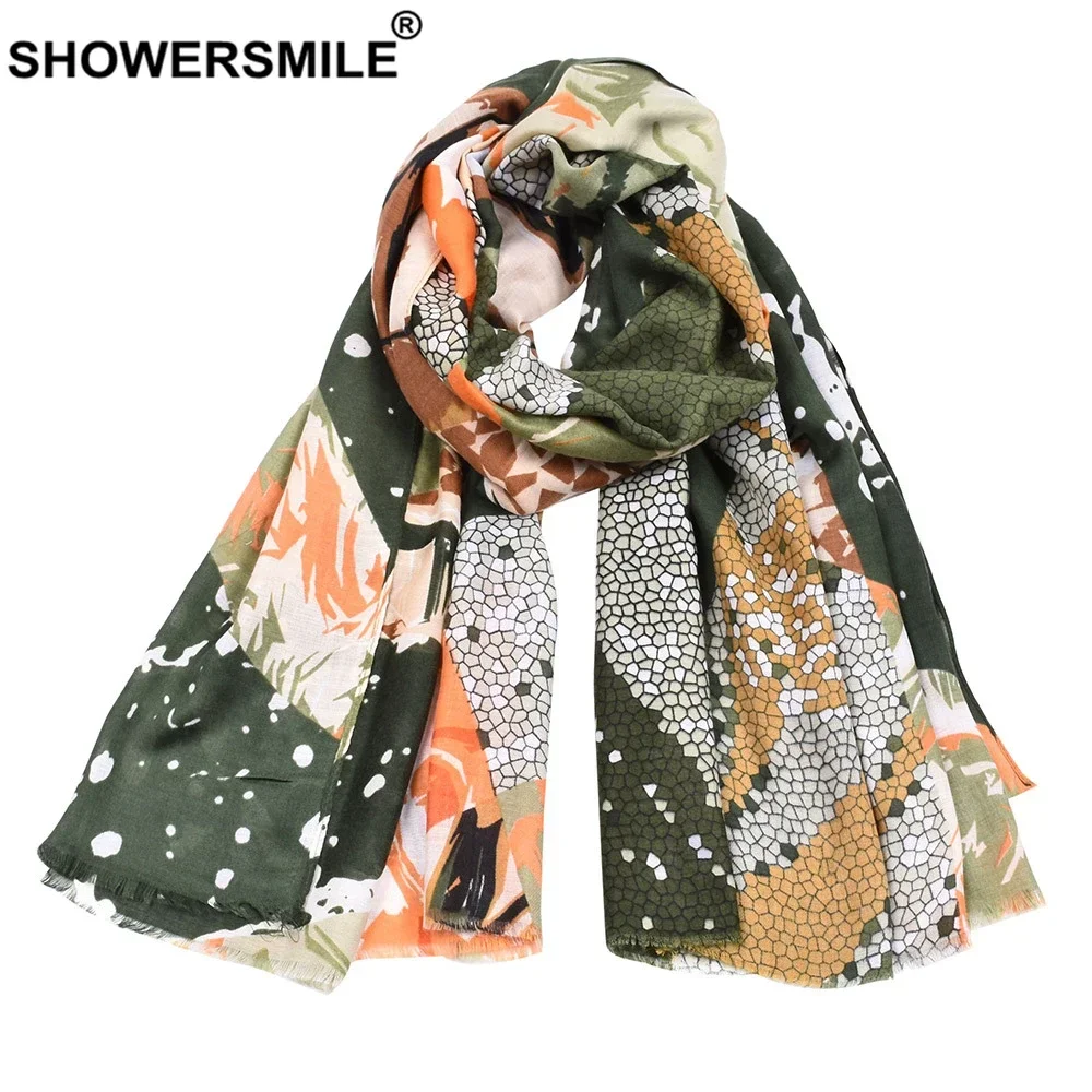 SHOWERSMILE Sciarpa da donna Verde militare in cotone e lino Stampa geometrica Scialle da donna Vacanza 2024 Nuova primavera Autunno Pashmina femminile