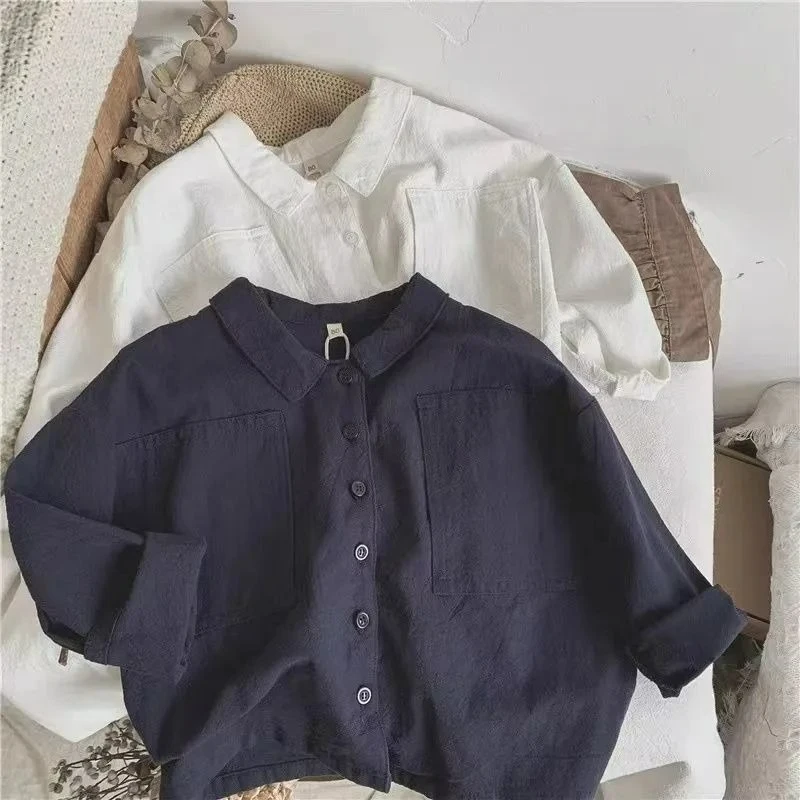 New Kids Cotton Linen Shirt Long Sleeve Lapel Collar Button Down Oversize Casual Blouse Boys Girls Toddler Breathable Top