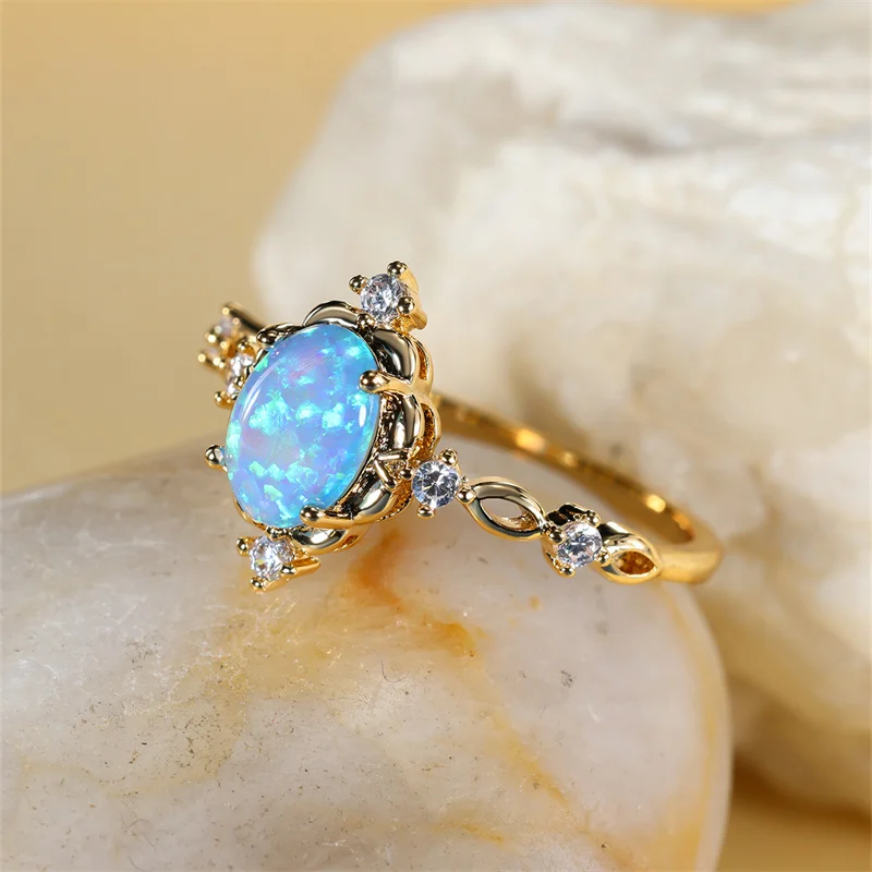 Oval Cut Mystic Blue White Fire Opal Rings For Women Gold Color Charm Rainbow Birthstone Wedding Bands Bridal Engagement Ring CZ