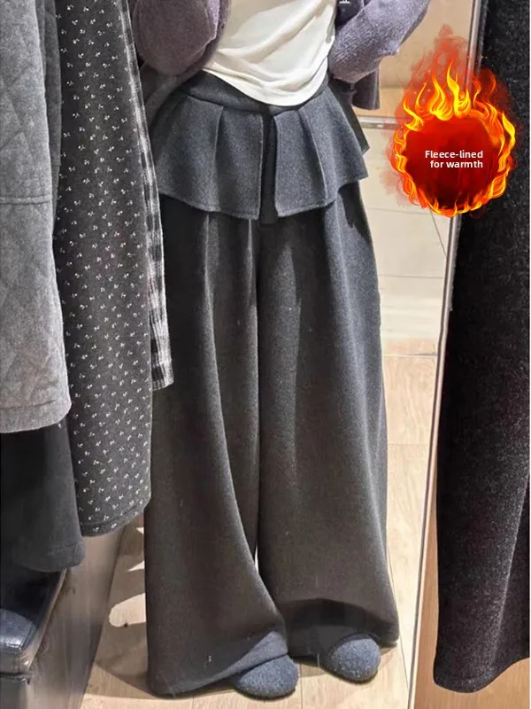 

Casual Fce Lined Wide Leg Straight Cut Pants Floral Trim Design plus Size Women's Winter Faion Comfortable Versatile Tro...