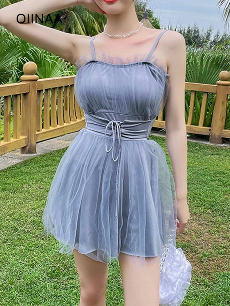 

OIINAA One Piece Swimsuit Women Lace Spliced Hot Spring Swimwear Slim Lace Up Sexy Beach Dress Summer 2025 Korean Bathing Suit