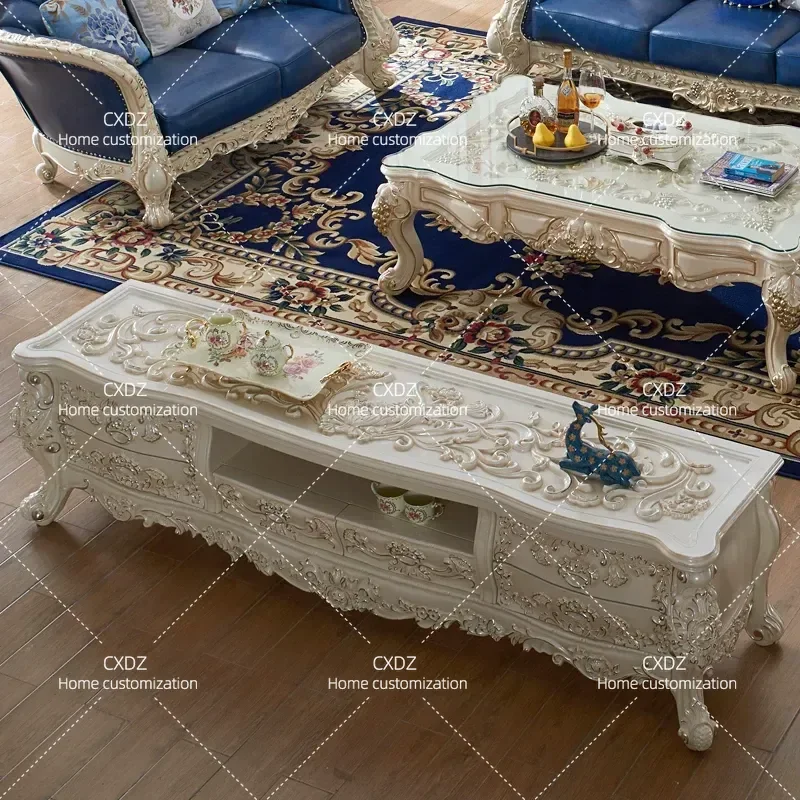 Ivory White Gold TV Cabinet Full Solid Wood Carved Flower Design High End Villa Living Room Storage Console Large Apartment
