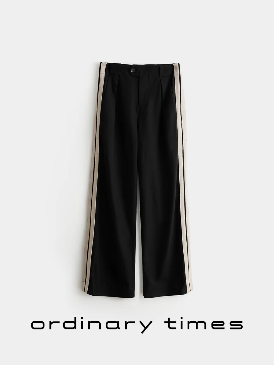 

Ordinarytimes Straight Leg Casual Pants Women's l Waist Trousers Striped Pattern Polyester Wool Viscose Elastic Fiber