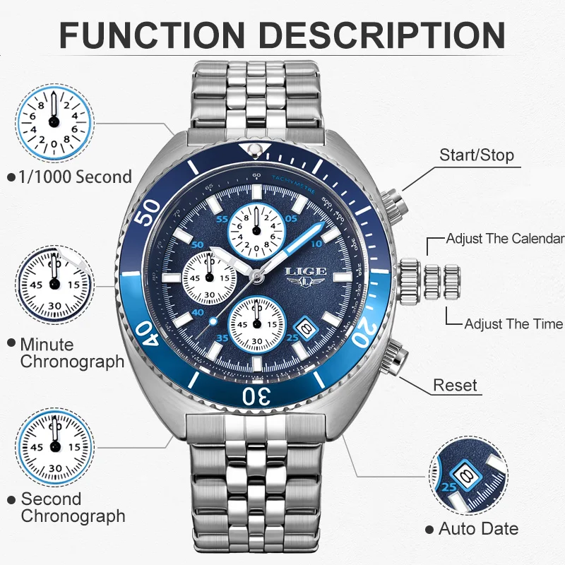 LIGE 2024 Top Brand Luxury New Men Watch Quartz Man Watches Waterproof Luminous Watch for Men Date Chronograph Sport Wristwatch