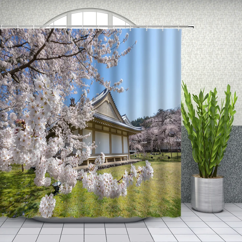 

Landscape Shower Curtains Pink Cherry Blossoms Tree Castle Building Bathroom Decor Home Bath Waterproof Polyester Curtain Set