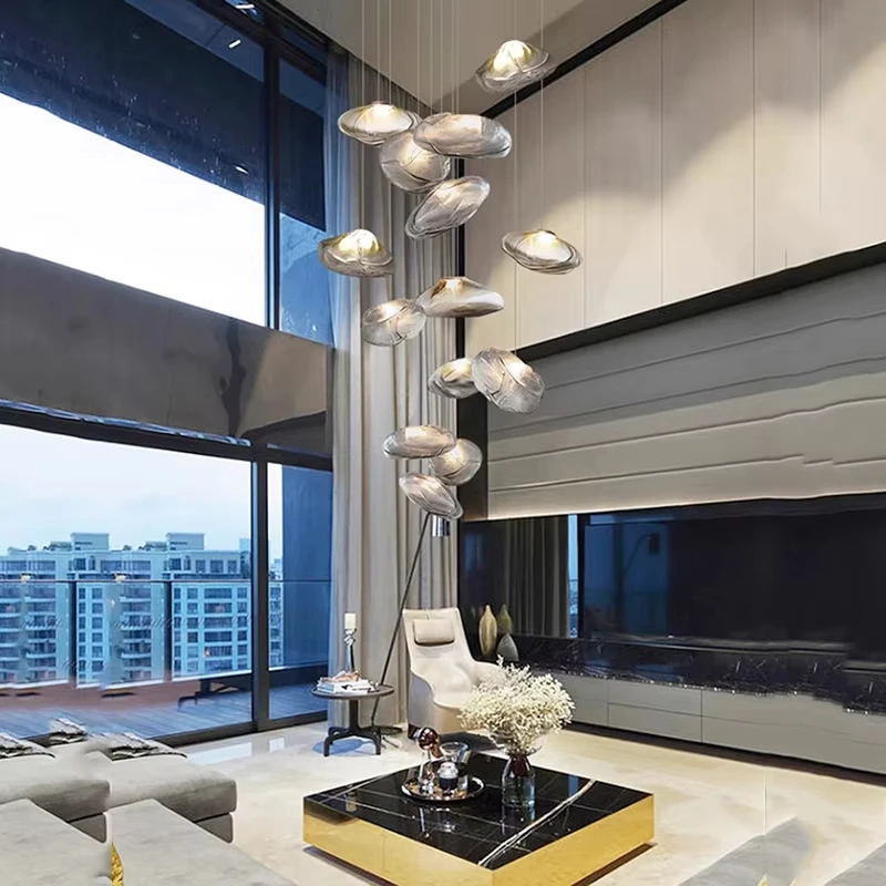 Nordic Minimalist Glass Cloud Chandelier for Villa Duplex Apartment Spiral Staircase Light Creative Living Room Lighting