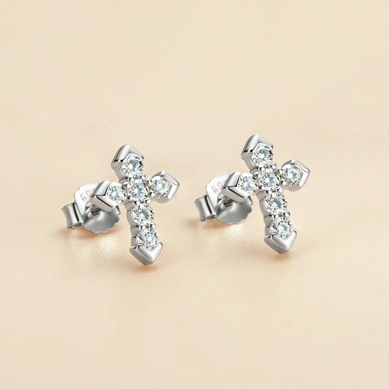 925 Sterling Silver Moissanite Diamond 0.54ct Round Cut D Color Moissanite Cross Stud Earring Jewelry For Women Men Birthday