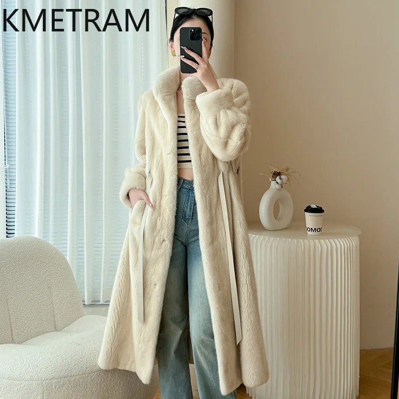 KMETRAM 100% Ganze Nerz Pelz Jacke Frau Stehkragen Lange Echt Nerz Pelzmantel mit Gürtel Winter Outer Frauen Kleidung Nguy